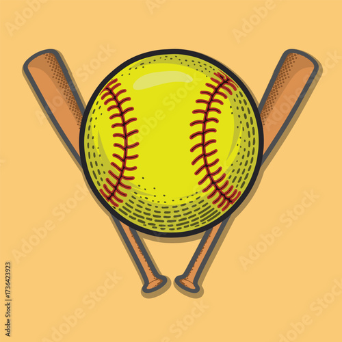 softball bat from under cross and yellow ball vintage design