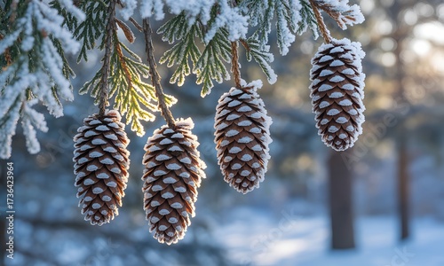 Pine cones hanging from a frosted evergreen branch in winter.