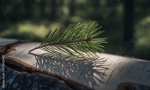 Pine needle resting on a birch tree branch with sunlight.