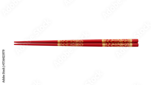 Traditional red chinese chopsticks with gold decorative patterns isolated on the transparent background for cultural dining concepts