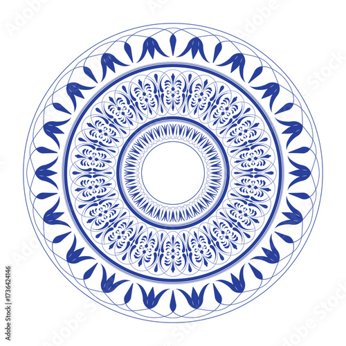 An elegant vector illustration of circular ornament reminiscent of faience or traditional blue and white porcelain. Symmetrical floral motifs in rich blue hue on white background. For decorative plate