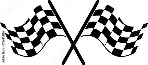 vector black and white crossed racing flags illustration. checkered wavy rally flags isolated on white background
