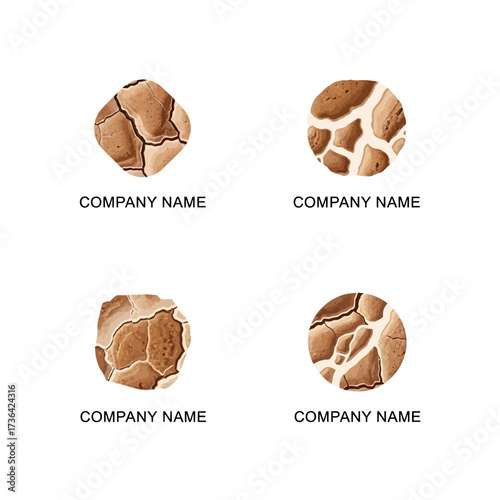 Collection of round logos featuring cracked soil texture.