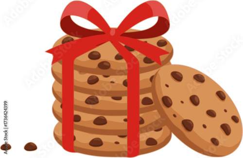 vector illustration of chocolate chip cookies. group of biscuit cookie stack with red ribbon isolated on white background. flat graphic design
