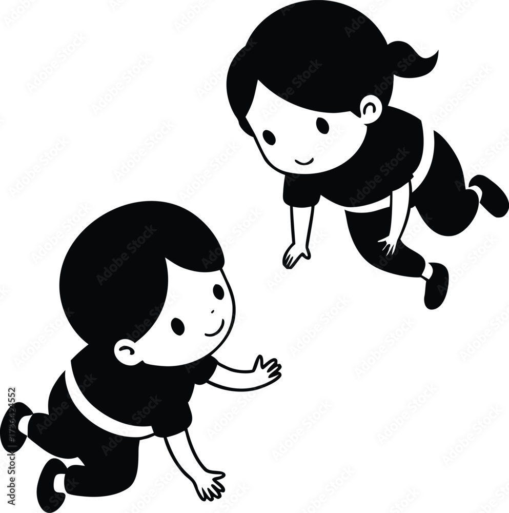 Fototapeta premium Two cute children crawling together silhouette