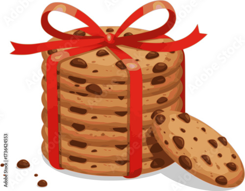 vector illustration of chocolate chip cookies. group of biscuit cookie stack with red ribbon isolated on white background. flat graphic design
