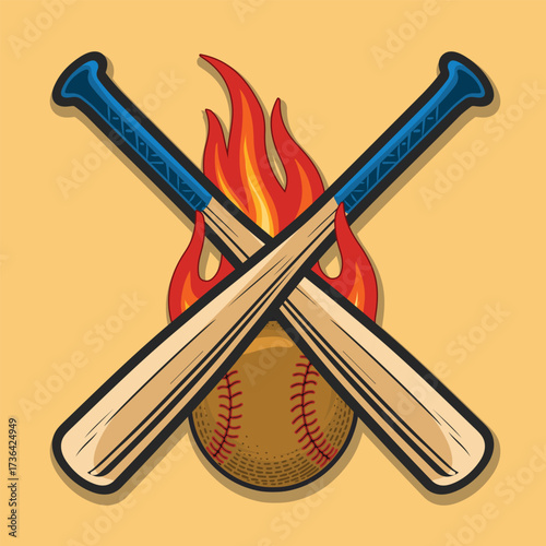 Softball sport bat cross and fire from balll vintage design