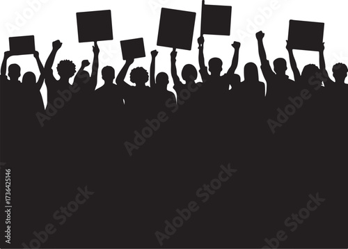 Black silhouette crowd holding signs and raising fists