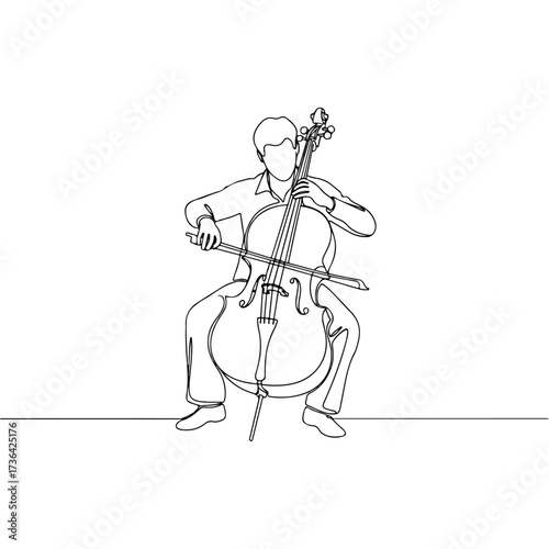 Cellist playing cello in minimalist line art style on white background