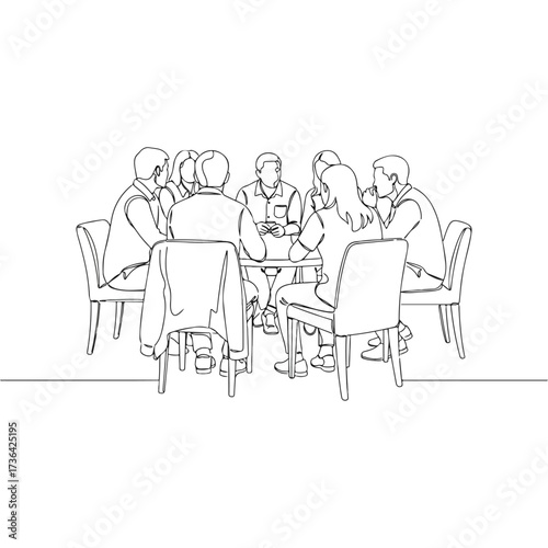 Group of people meeting around table, line art illustration