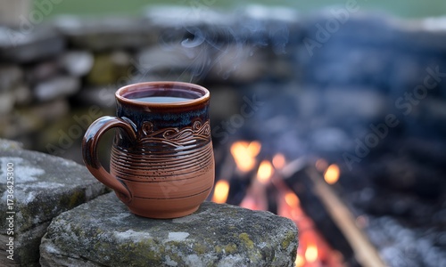 Rustic Mug of Coffee Beside a Campfire.
