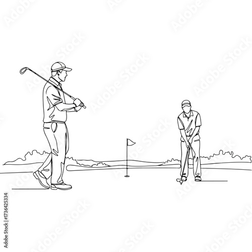 Golfers on green preparing to putt with flag in background