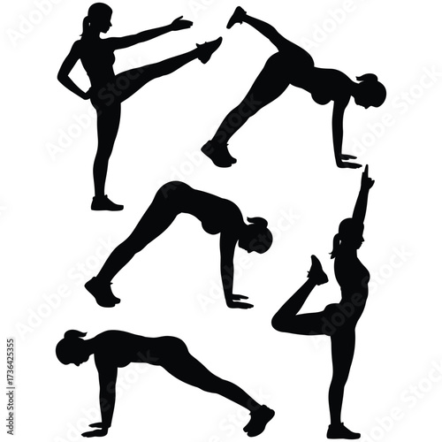 Black and white silhouette illustration of a woman performing five different exercise poses in dynamic athletic positions