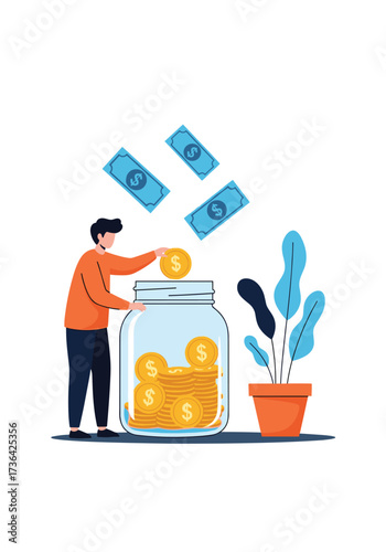 A person is saving money in a jar with coins and banknotes.
