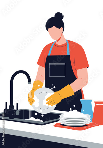 A person wearing yellow gloves and an apron washes dishes in a kitchen sink.