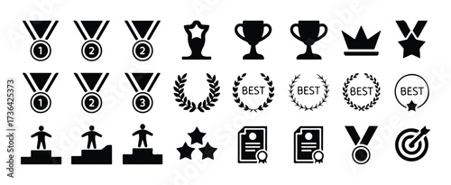 A collection of black and white award and achievement icons. Editable stroke.