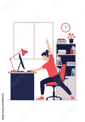 A person doing yoga in an office while sitting at a desk.