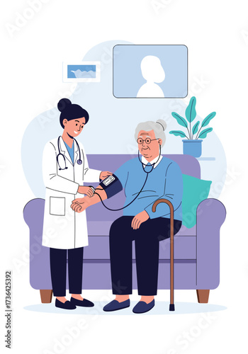 A doctor checks an elderly woman's blood pressure at home.