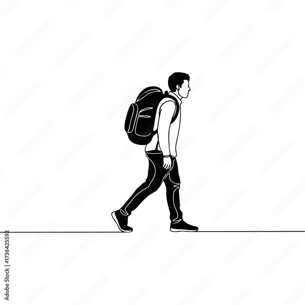 Fototapeta premium Man walking with backpack on white background, side view