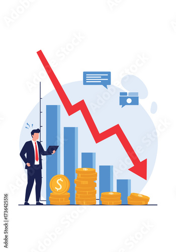 A businessman looks at a falling stock market graph with coins stacked next to him.