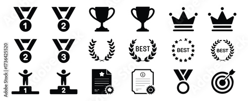 A collection of black and white award and achievement icons. Editable stroke.