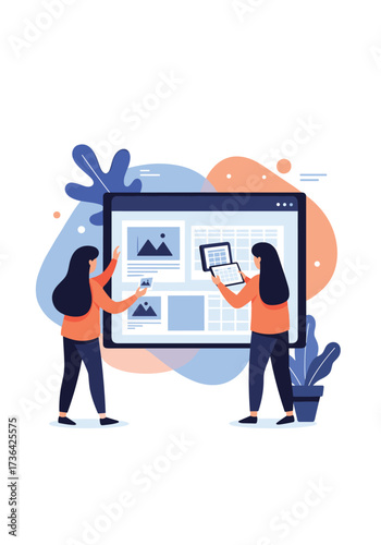 Two women are building a new website design together on a large computer screen.