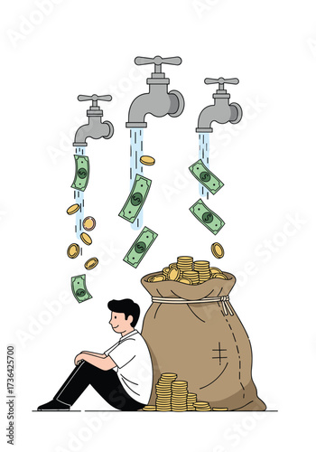 A man sits near a large bag of coins and cash while money flows from faucets above.