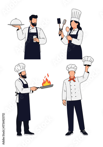 Four chefs in uniform cooking and serving food in a restaurant setting.