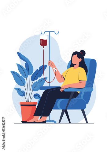 Patient receiving intravenous therapy while sitting in a chair with a plant nearby.
