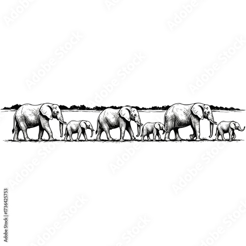 Elephant family walking across savanna landscape in black and white