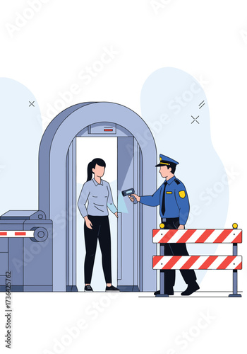 Security guard checks a woman at a metal detector archway.