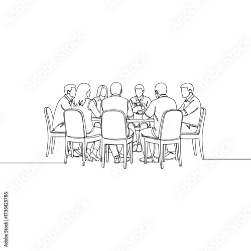 Group of people sitting around table in line art style