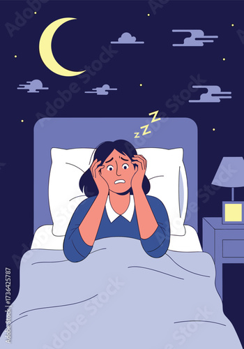 Woman in bed struggling to sleep at night with anxiety.