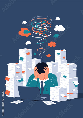 Overwhelmed businessman struggling with piles of paperwork and a chaotic mind.