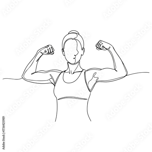 Woman flexing muscles in line art, fitness and strength concept