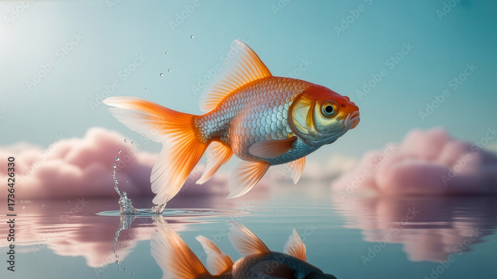 Obraz premium Goldfish Leaping Above Water Reflecting Sky and Clouds in Dreamlike Fantasy Setting with Serene Atmosphere