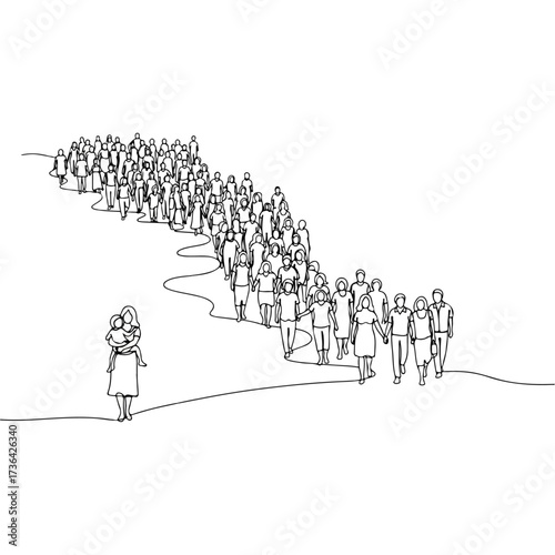 Woman with child watching crowd walking uphill, line art