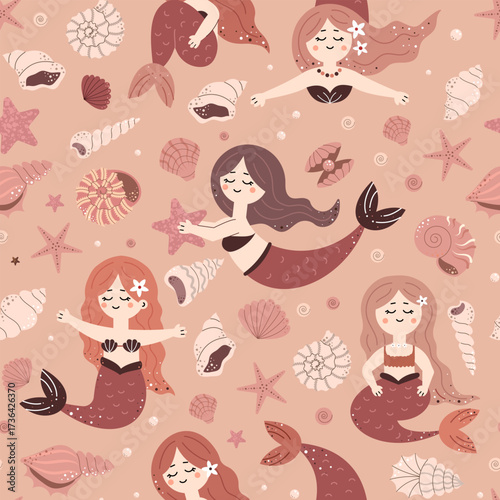 Seamless mermaid pattern with shells and mollusks. Underwater world. Vector illustration.