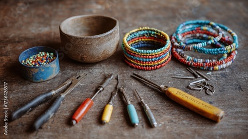 Colorful beaded jewelry and crafting tools for handmade creations