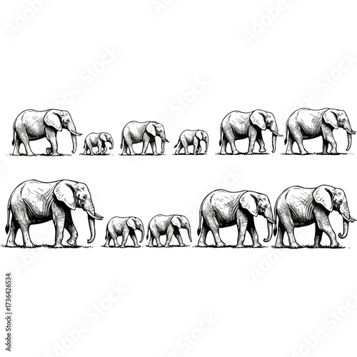 Herd of elephants walking in a row, black and white sketch
