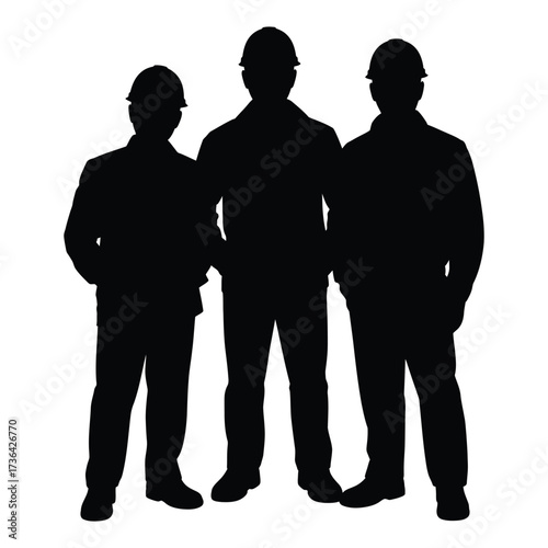 Black and white silhouette illustration of three standing construction workers wearing hard hats in a balanced composition