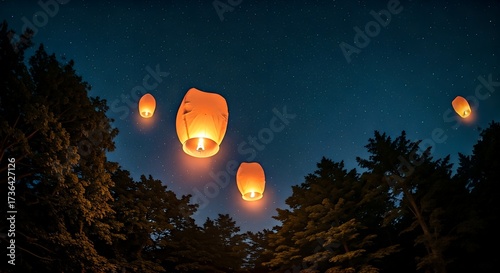 Sky lanterns illuminate the night sky above trees.