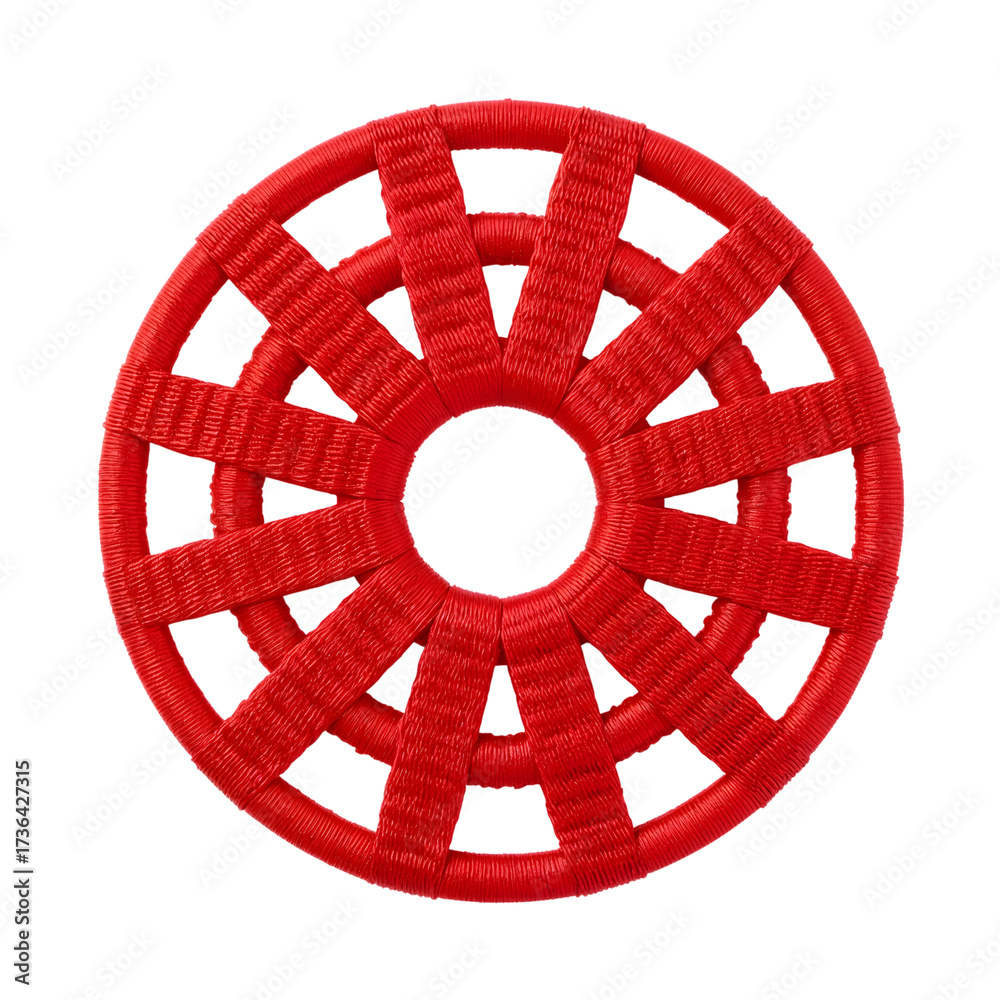 Obraz premium Red circular geometric pattern with woven symmetry and textured surface isolated on the transparent background