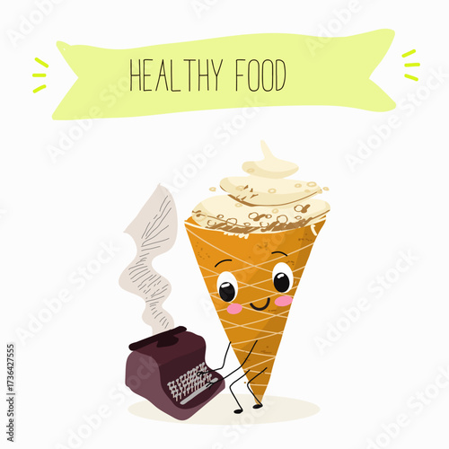 Tasty ice creams, ice-cream cones and popsicle, funny characters, hand drawn vector illustration.
