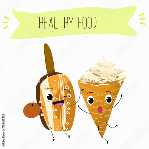 Tasty ice creams, ice-cream cones and popsicle, funny characters, hand drawn vector illustration.