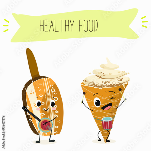 Tasty ice creams, ice-cream cones and popsicle, funny characters, hand drawn vector illustration.