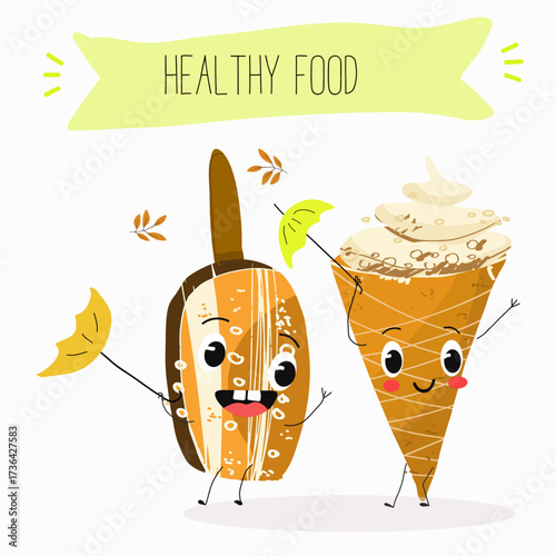 Tasty ice creams, ice-cream cones and popsicle, funny characters, hand drawn vector illustration.