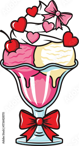 A cartoon ice cream sundae with pink and white scoops topped with hearts and a bow on a white background