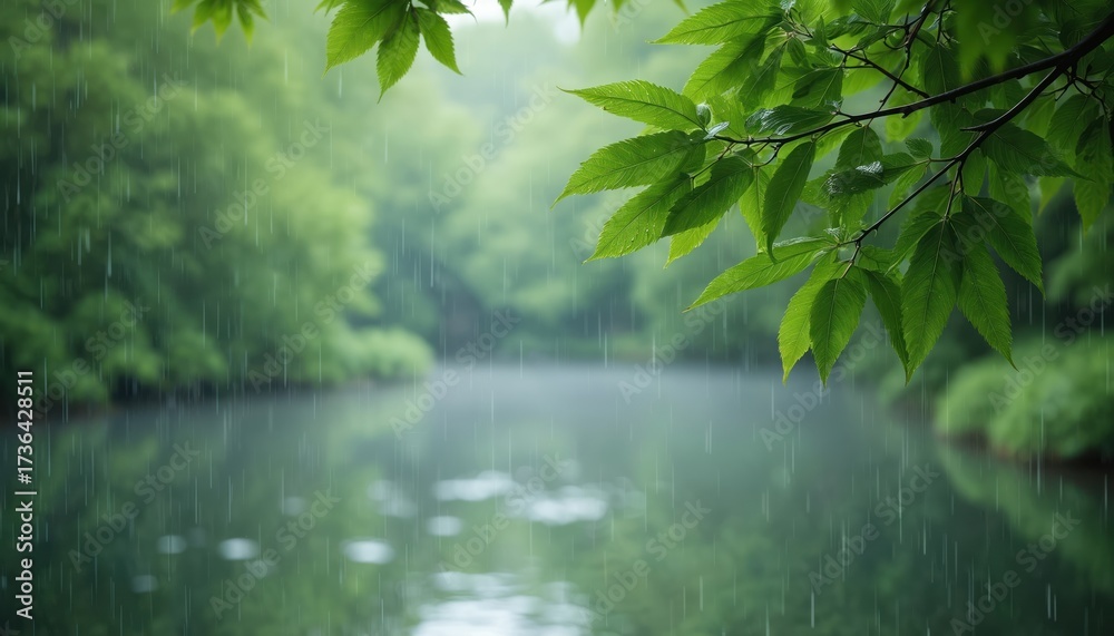 Naklejka premium Photo shows rain falling over lake in park. Green foliage surrounds water. Leaves branch out at the top. Peaceful scene demonstrates nature beauty and tranquility.