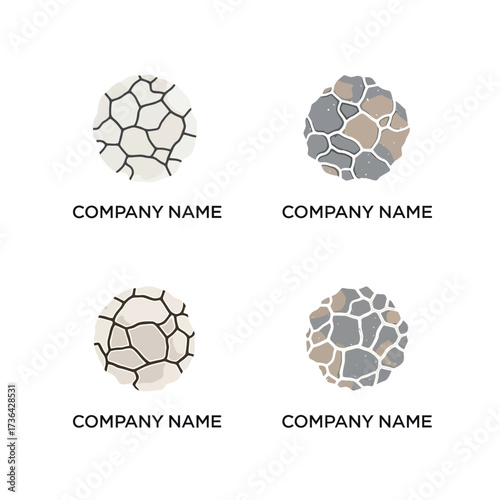 Four circular logos with cracked earth and stone patterns for company branding.